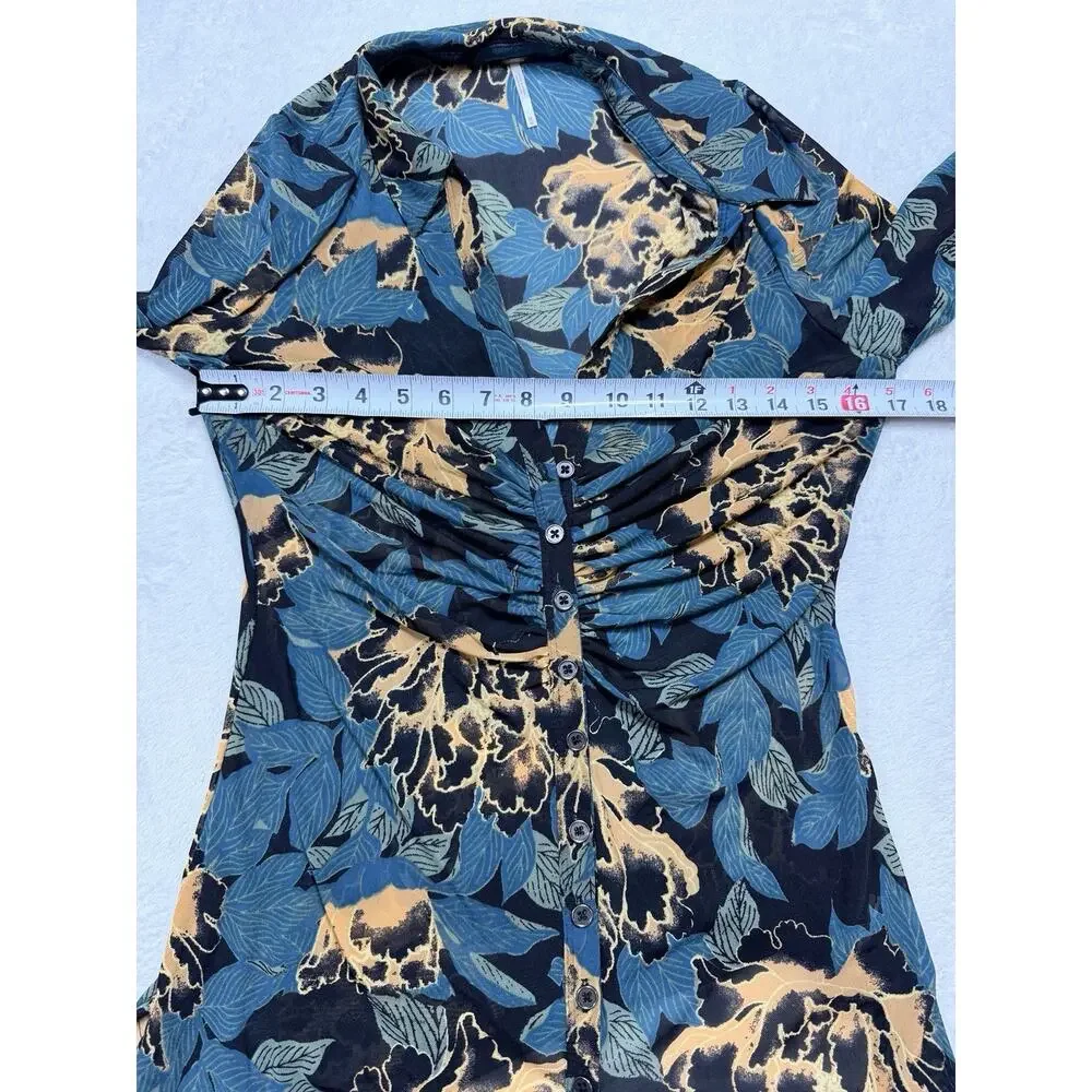 Free People Meant To Be Tunic Dress Floral Ruched V Neck Blue Womens Size Med